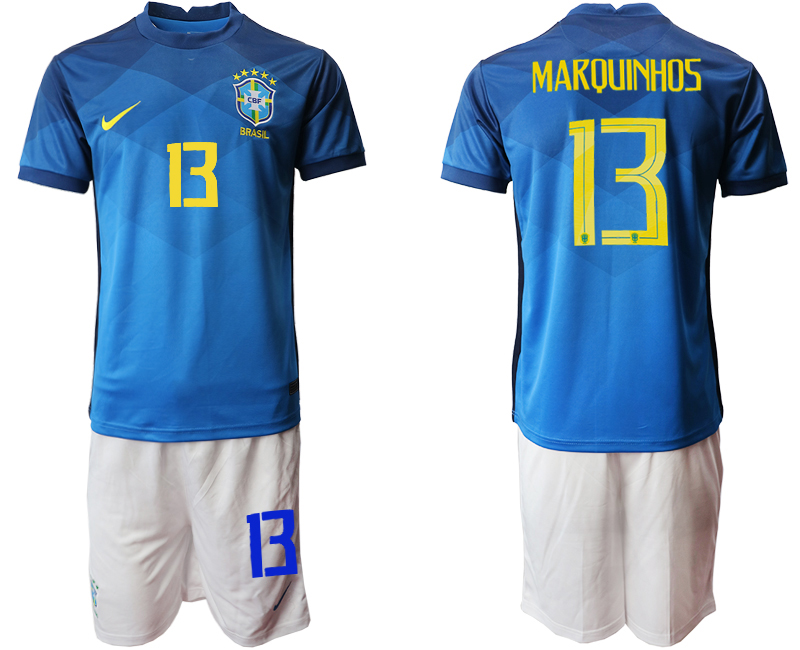 Men 2020-2021 Season National team Brazil away  blue #13 Soccer Jersey